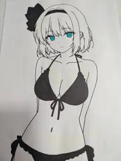 魂魄妖夢 水着 手描きイラスト 東方Project 美少女 A4 8