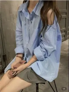 ストライプ柄 カジュアル ボタンアップ シャツ ブルー ホワイト