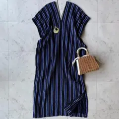 美品 トゥデイフル ウール ストライプ カフタンドレス ロング 