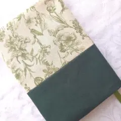 ブックカバー ハンドメイド 文庫本 花柄 深緑 鳥 レトロ グリーン