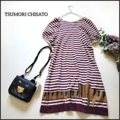 ツモリチサト●ぐるりと１周ネコちゃんビッグイラスト♪ボーダーチュニックワンピース