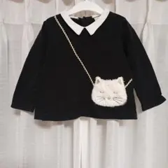 プティマイン 猫さんトップス 黒 90 薄手裏起毛トレーナー 長袖カットソー