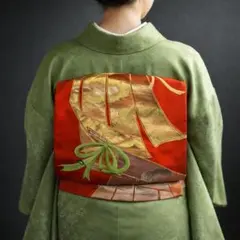 【D4-12】袋帯 単品 六通 ゴールド オレンジ 412cm リメイクにも◎