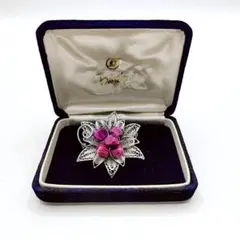【美品】ブローチ 花 フラワー パープル石 シルバー色 幅3.8cm
