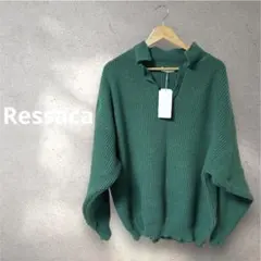 【Ressaca】ざっくりオーバーサイズ Vネックポロニット 深みグリーン L