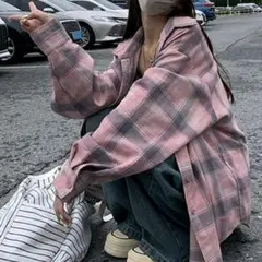 ピンク チェック柄 オーバーサイズ シャツ
