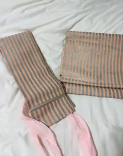 ピンクオレンジとシルバーのストライプ付け帯