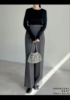 新品未使用チャコールグレー ワイドパンツ カットツイルハイウエストジップパンツ