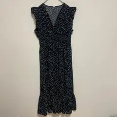MIS ロングワンピース ドット柄 フリル Vネック