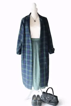 フード付き タータンチェック ウール混 ロングコート グリーン系