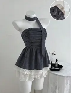 SHEIN バレエコア ベアトップショートワンピース ネイビーブルー 韓国レース