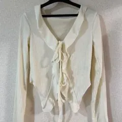 アイボリー リブ編み フリル 長袖トップス