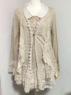 axes femme 森ガール ベージュ レース付き 長袖カーディガン 姫カジ