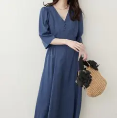 ナチュラルクチュール　レトロ小花ワンピース　ネイビー