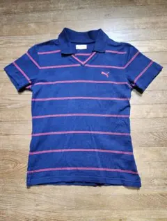 PUMAプーマ　ボーダー柄Vネックポロカラーシャツ　Mサイズ