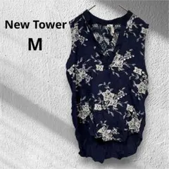 希少✨USA製 New Tower 花柄刺繍 ノースリーブブラウス【M】濃紺