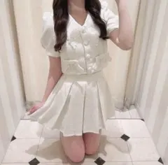 evelyn エブリン 襟ビジューツイードセット セットアップ ホワイト