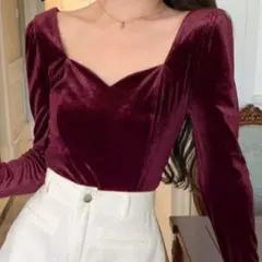 Dazy♡カットソー　ベロア調　ボルドー　ハートネック　トップス