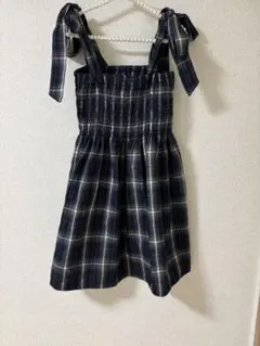 ネイビー チェック柄 ノースリーブ ミニワンピース