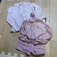 ピンクチェック長袖水着とユニコーン柄ショートパンツセット 120