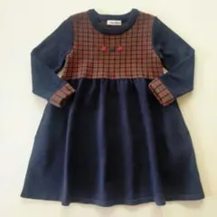 美品★現行品★110cm familiar 紺×チェック ニット長袖ワンピース