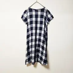 【Sunny Clouds】チェック柄ワンピース 半袖 涙あき ブルー (M)
