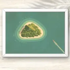 A4 幾何学で描く南国の島とボートの癒し風景画アート インテリアポスター