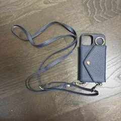 【値下げ】iPhone13miniネイビーショルダーストラップ付きスマホケース