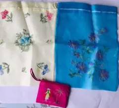 シースルーオーガニック巾着刺繍袋2枚&小物入れ（新品 未使用）