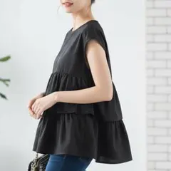 新品 黒 ノースリーブ ティアードチュニック 体型カバー フリル 春夏