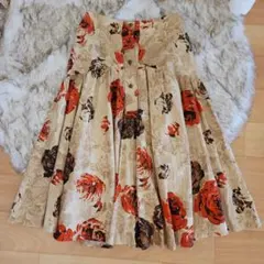 花柄フレアスカート ひざ丈 ベージュ 薔薇