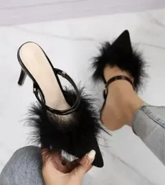 ファー付きパンプスヒールブラック