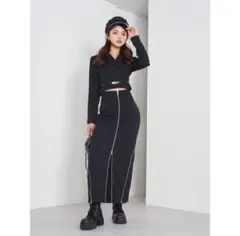 Darichファスナーデザインロングスカート／M ・BLACK