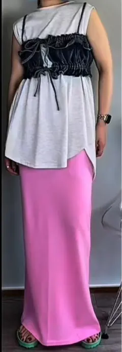 しまむら　NATSUMI リブニットナロースカート　ピンク　MT 丈長め