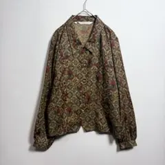 総柄 柄シャツ ブラウン ゆったり サイズ レトロ 古着 変わりボタン XL