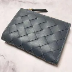 在庫1点【新品未使用】羊革　二つ折り小型財布　イントレチャー　ブルーグレー　青