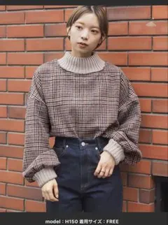 チェック柄 ハイネックニット FREEサイズ