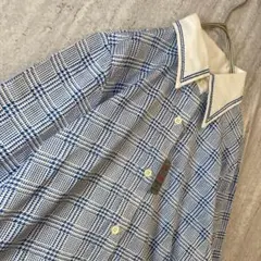 ブラウス ヴィンテージ 総柄 チェック 昭和レトロ アンティーク ブルー白