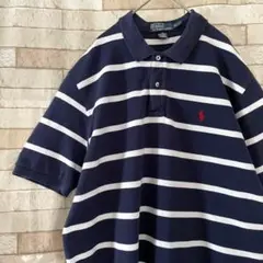 ラルフローレン ポロシャツ 半袖 ボーダー ポニー刺繍 紺 白 XL