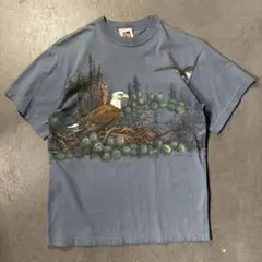 90s USA製 イーグル アニマルTシャツ 両面プリント アート　水色