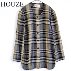 美品 リネン混ジャケット チェック柄 ノーカラー 薄手 羽織り Lサイズ相当