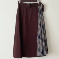 テチチ プリーツチェック切替 ロングスカート ブラウン M Techichi