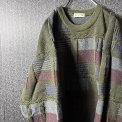 【VINTAGE】古着 90s メンズ 3Dニット L セーター 緑 ★1点物