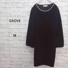 ◇GROVE グローブ ワンピース パールネック 長袖 ツイード調 ブラック M