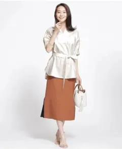 リネン混合 ベルト付き半袖シャツ アイボリー