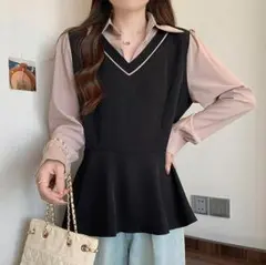 【即納】大きいサイズ レディース トップス　重ね着風　春 冬 新品 長袖