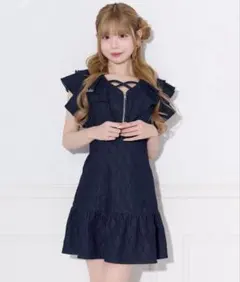 apres jour フロントジップフリルデニムワンピース インディゴブルー