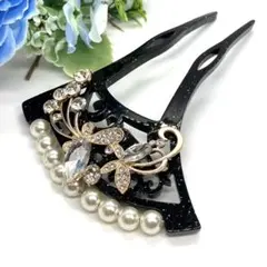 簪和装小物　 バチ型 結婚式 パール 簪 留袖 着物 髪飾り成人式、黒　蝶