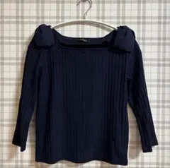 リブ編み　ネイビー　リボン　トップス　レディース　かわいい