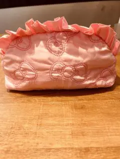 ハート刺繍フリルポーチ ピンク